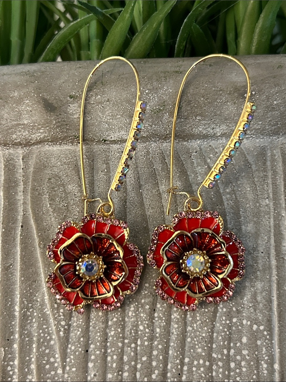 Gold Hoop pink Floral Drop Earrings with Crystal Centers NEW